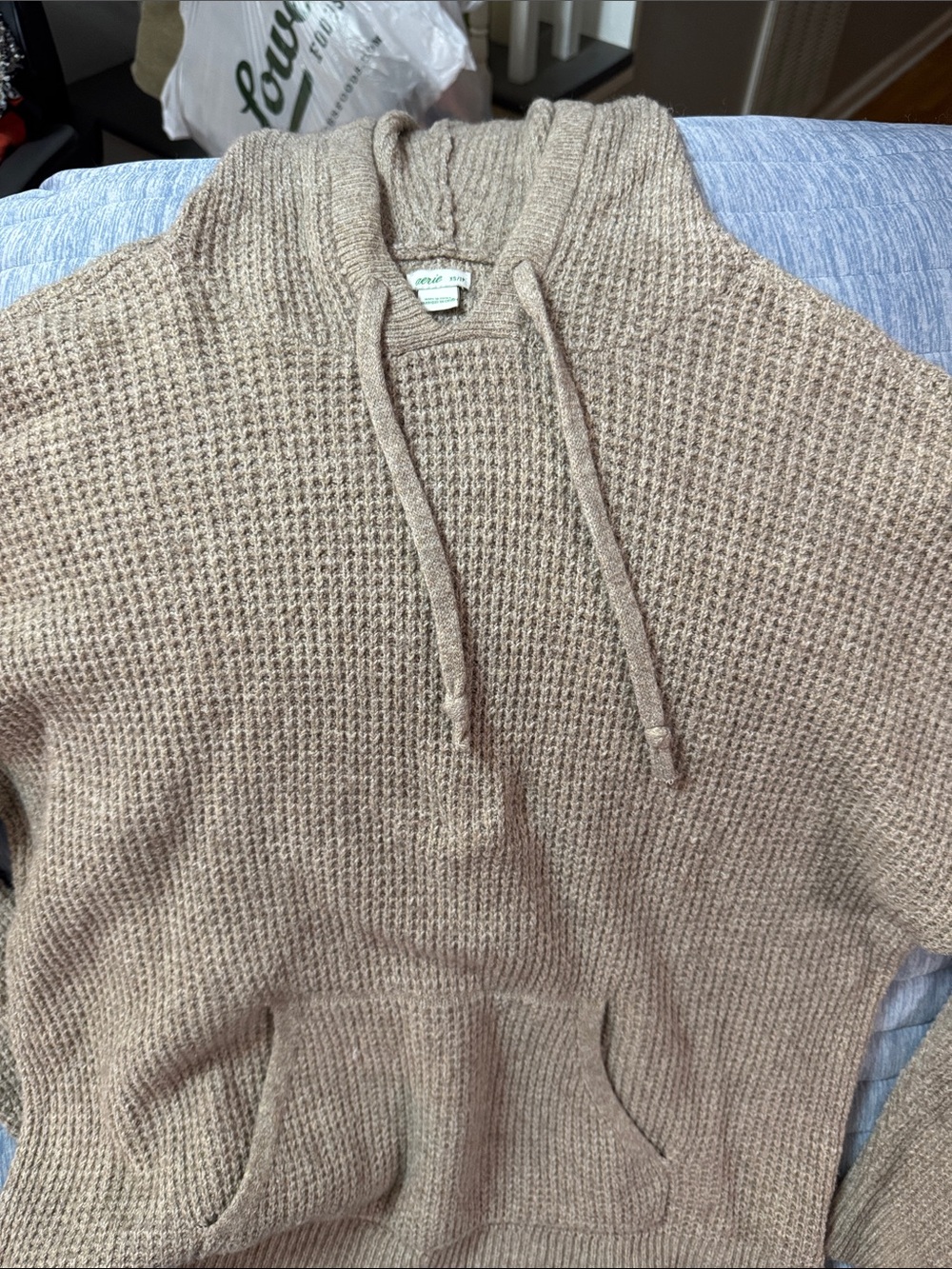 aerie Men's Crewneck Hoodie Sweater in Light Tan